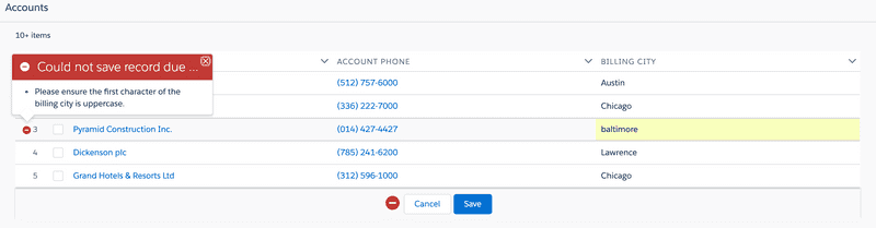 Screenshot of validation rule throwing error on edit