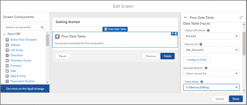 Screenshot of screen component table mode