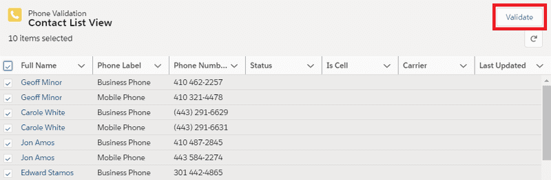 Screenshot validate list view